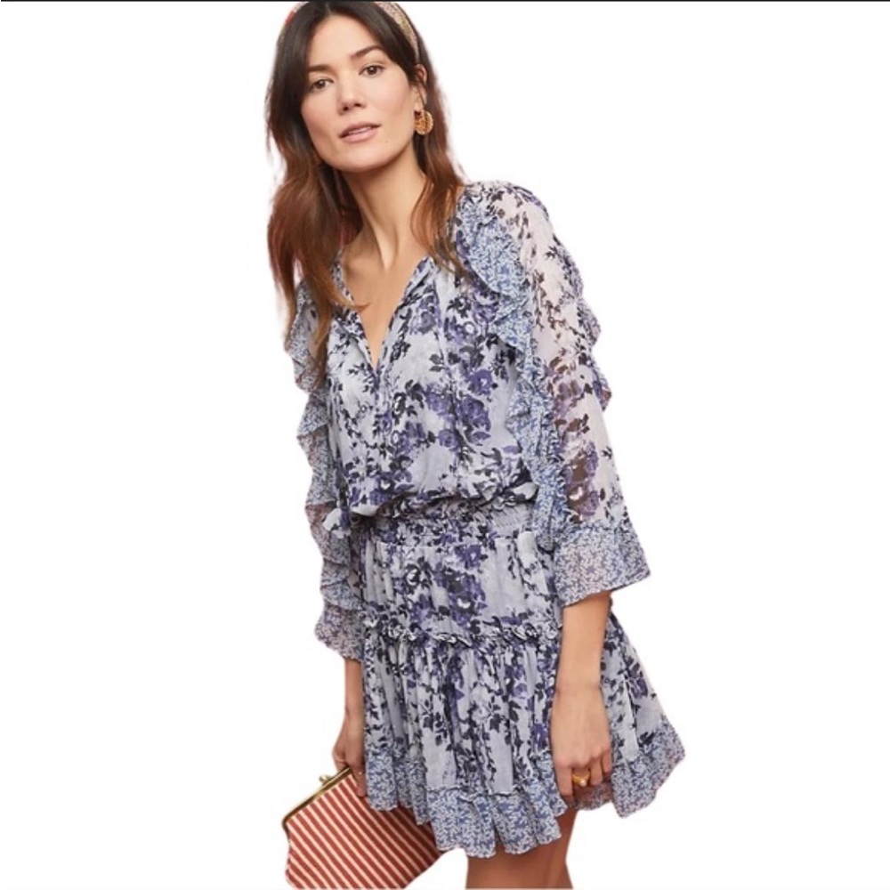 Anthropologie MISA Los Angeles Gabriella Mini Dress Floral Blue Purple Size S